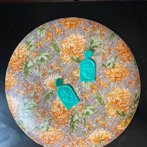 Handmade Clay Earrings | Face Outline Statue | Dark Turquoise | Push Backs - Picture 3 of 9